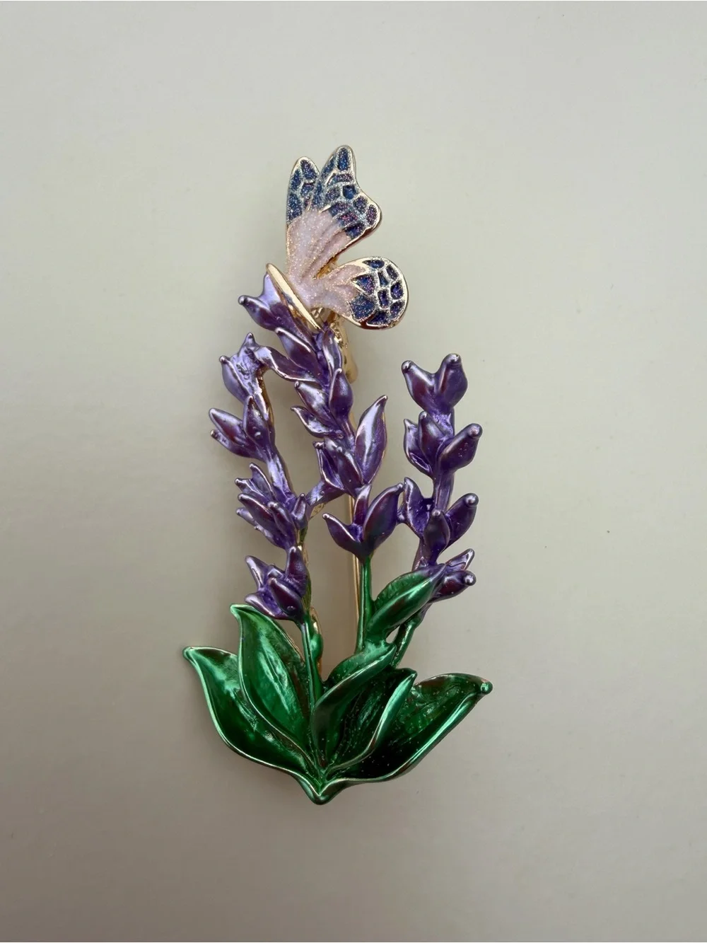 Purple Lavender & Green Leaves Butterfly Brooch - Women Jewelry